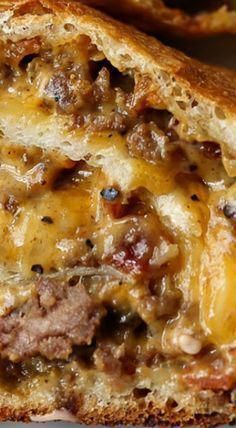 a close up of a sandwich with meat and cheese on it, in front of the words how to make a sausage bread