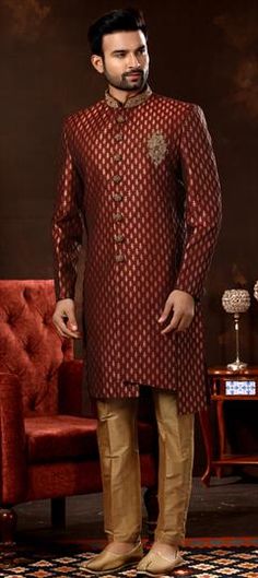 Red and Maroon color Sherwani in Jacquard fabric with Bugle Beads, Stone, Zardozi, Zari work Maroon Sherwani, Beads Work, Zari Work, Indian Attire, Bugle Beads, Maroon Color, Jacquard Fabric, Bead Work, Outfit Of The Day