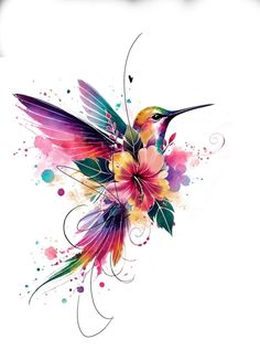 a colorful hummingbird with flowers and leaves on it's back side, painted in watercolor