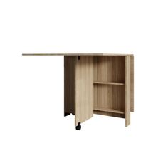 an office desk with wheels on the bottom and one drawer open to reveal a bookcase