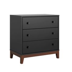 a black dresser with three drawers and two wooden legs, on an isolated white background