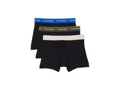 Calvin Klein Underwear Cotton Classics Multipack Trunks - Men's Underwear : Black Bodies/Army Green/Flaz Heather : The Calvin Klein® Underwear Cotton Classics Multipack Trunks are a wardrobe essential. These trunks are designed with pure cotton for a soft hand and breathable comfort, and feature an elasticized waistband with the iconic brand logo. Functional keyhole fly. Seaming details. Three per pack. 100% cotton. Machine wash. Imported. Measurements: Waist Measurement: 30 in Outseam: 11 in In Calvin Klein Cotton Boxer Briefs For Sports, Calvin Klein Solid Color Sports Boxer Briefs, Calvin Klein Men's Bottoms With Logo Waistband, Calvin Klein Cotton Multipack Boxer Briefs, Calvin Klein Cotton Boxer Briefs Multi-pack, Soft Hands, Army Green, Wardrobe Essentials, Brand Logo