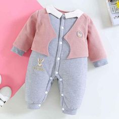 Baby Boys Girls Long Sleeved Cotton False Two-piece Set Thickened Warm Jumpsuit - PrettyKid Red Cotton Long Sleeve Onesie, Red Long Sleeve Cotton Onesie, Red Long Sleeve Onesie, Pink Long Sleeve Onesie For Fall, Gray Long Sleeve Cotton Onesie, Winter Long Sleeve Solid Onesie, Fitted Long Sleeve Solid Onesie, Cool Baby Clothes, Clay Stamps