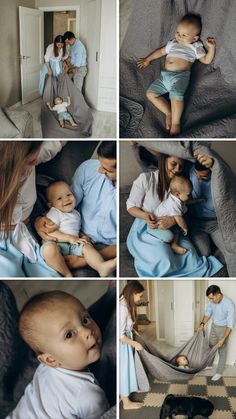 a collage of photos with a baby and two adults