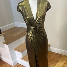 Never Worn With Tags! Halston Heritage Cap Sleeve Gold Gown In Size Small Great Dress With A Beautiful Plunge Neckline. Elegant Fitted Gold Maxi Dress, Fitted Gold Maxi Dress For Cocktail, Cap Sleeve Gown, Halston Heritage Dress, Gown Gold, Gold Gown, Halston Heritage, Plunge Neckline, Plunging Neckline