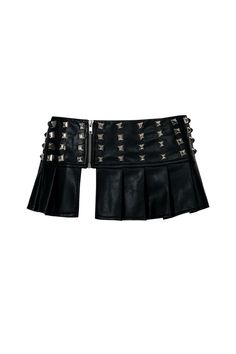 Fits true to size Micro skirt length Features silver oversized studs A staple layering piece Two Belts Outfit, Aesthetically Background, Black Y2k Skirt, Layered Belts, Layered Skirt Outfit, Goth Mini Skirt, Skirt With Corset, Goth Skirts, Goth Skirt