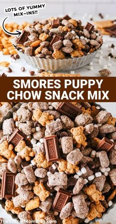 a bowl full of s'mores puppy chow snack mix with the title above it