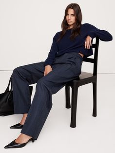 Relaxed Wide-Leg Italian Wool Pant | Banana Republic Navy Pinstripe Pants Outfit, 2025 Outfit, Work Photos, Dressy Jeans, Stylish Work Attire, Pinstripe Pants, Petite Shorts, Interview Outfit, Winter Outfits For Work