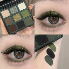 Product specifications: Net content: 9g Material: Powder Shelf life: 3 years Size: 8 * 7.8 * 1.5cm Color and style: as shown in the picture Product features: The theme of this eye shadow plate is black and green, with sharp color contrast, including olive green and smoked green, to create a unique retro and fashionable eye makeup. The high-quality formula ensures that the eye shadow has fine texture and strong adhesion, can maintain the makeup effect for a long time, and is not easy to take off Jade Green Makeup, Soft Green Eye Makeup, Hazel Green Eyes Makeup, Black And Green Eyeshadow, Green And Black Eyeshadow, Green And Black Makeup, Dark Green Eye Makeup, Olive Green Makeup, Dark Green Makeup