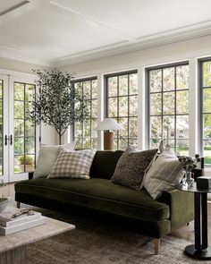 a living room filled with furniture and lots of windows