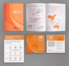 an orange and white brochure is displayed on a gray surface with information about the company