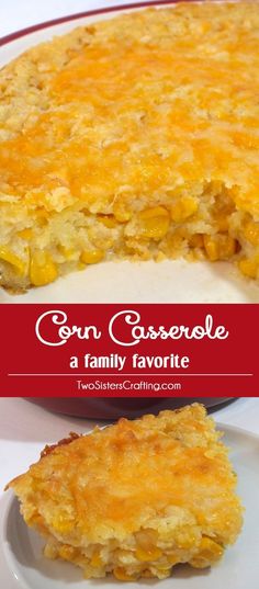 corn casserole on a white plate with a red border around the edges and bottom