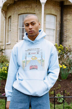 a man standing in front of a house wearing a blue hoodie Retro Cotton Hoodie For Spring, Retro Spring Streetwear Hoodie, 80s Arcade, Sunset Print, Streetwear Tops, Arcade Game, Long Sleeves Coats, Woven Labels, Woven Label