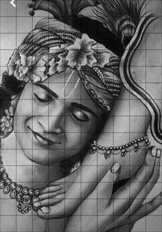 a black and white drawing of a woman's face with her hands on her chest