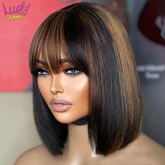 Full Machine Wigs Highlight Brown Colored Bone Straight Human Hair Bob Wigs P1B 30 Human Hair With Straight Bob Wig, Highlighted Bangs, Honey Blonde Highlights, Hair For Women, Glueless Wigs, High Quality Wigs, Straight Bob, Ombre Wigs, Hair Color Highlights