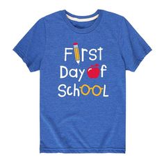 Give him a fun back to school look with this "First Day Of School" boys' graphic tee. Give him a fun back to school look with this "First Day Of School" boys' graphic tee. Crewneck Short sleevesFABRIC & CARE Heathered: cotton, polyester; Solid: cotton Machine wash Imported Size: Medium. Color: Blue. Gender: male. Age Group: kids. Material: Cotton Blend. Blue Graphic Print T-shirt For School Events, Blue Pre-shrunk T-shirt For School Events, Fun T-shirt For End Of School Year, Fun Blue T-shirt For Father's Day, Fun T-shirt With Text Print For Back To School, Fun Slogan T-shirt For School, Blue Graphic Print T-shirt For Back To School, Pre-shrunk T-shirt For End Of School Year Events, Back To School Blue Pre-shrunk T-shirt