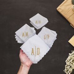 "Our monogrammed handkerchiefs are a classic accessory that will never go out of style. Made from high-quality cotton and embroidered with your chosen initials, they're a versatile addition to any outfit. These handkerchief is not only stylish but also practical, use it to wipe away tears at weddings or as a sentimental memento from any formal event.  Perfect for weddings, graduations, funerals, or births. Our monogrammed handkerchiefs are a classic accessory that never goes out of style. They're perfect for both men and women, adding sophistication to any outfit. - 11\"x11\" Square - Scalloped Edging - Soft and Lightweight - Cotton Ideal for large gatherings and can be purchased in bulk.  Contact me for a large order discount." Classic Handkerchiefs With Initials For Wedding Gift, Classic Monogram Handkerchiefs For Wedding Gift, Classic Cotton Handkerchiefs As Gift, Classic Customizable Handkerchiefs For Gift, Monogrammed Handkerchiefs, Embroidered Hankies, Fall Headbands, Pocket Handkerchief, Handkerchief Men