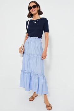 Twirl worthy with its tiered layers and ruffle detailing, the Cornflower Blue Stripe Prado Skirt slips on with minimal effort while bringing maximum style. This pull on maxi is a one step elevation to a casual look while keeping you ultra-chic. Pair with a fitted tank or blouse and sandals, sneakers, or flats! Elastic ruffle waistband Tiered skirt Ruffle seams Pleated style Contrast ruffle hem Unlined and slightly sheer Material: 50% Polyester, 50% Cotton Care: Hand wash cold, hang to dry Skirt Ruffle, Cocktail Attire, Sheer Material, Red Stripe, Weekend Wear, Cornflower Blue, Tier Skirt, Night Looks, White Summer