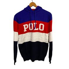 Polo Ralph Lauren Men's Polo Logo Colorblock Knit Cotton Hooded Sweater Nwt M Sporty Color Block Sweater For Winter, Sporty Winter Color Block Sweater, Blue Hoodie With Contrast Color For Winter, Blue Winter Hoodie With Contrast Color, Blue Contrast Color Hoodie For Fall, Blue Hooded Hoodie With Contrast Color, Blue Color Block Sweater For Streetwear, Blue Hoodie With Contrast Color For Streetwear, Sporty Multicolor Color Block Sweater