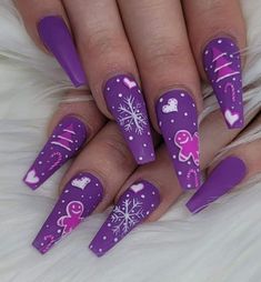 Purple Nail Designs Wedding, Pink And Purple Winter Nails, Purple Christmas Nails Design, Lavender Snowflake Nails, Dark Purple Christmas Nails, Pink And Purple Christmas Nails, Glitter Christmas Nails Acrylic, Purple Christmas Nails Acrylic, Purple Sweater Nails