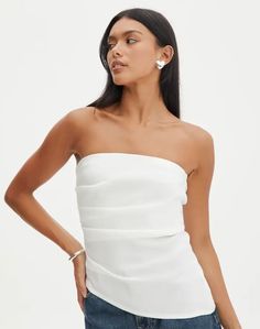 Strapless Asymmetric Longline Top in Milk | Glassons Elegant Strapless Off-shoulder Top For Summer, Elegant Sleeveless Off-shoulder Top For Summer, Chic Sleeveless Off-shoulder Top For Party, Chic Sleeveless Off-shoulder Top For Night Out, Elegant Off-shoulder Top For Summer, Modern Sleeveless Evening Tops, Modern Sleeveless Tops For Evening, Modern Evening Sleeveless Tops, Chic Off-shoulder Top For Evening In Summer