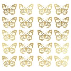 gold butterflies are arranged in rows on a white background