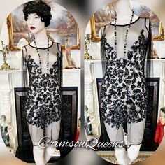 Vintage Art Deco 1920's beaded Oriental Sheer Net Flapper Dress size Uk 8 US 4 Description... --------------------------- This vintage flapper-style dress is a striking example of 1920s-inspired glamour, featuring a sheer black fabric adorned with intricate, heavily clustered sequins. The embellishment, meticulously crafted on both the front and back, creates a captivating pattern that shimmers with every movement. The long sleeves add an element of sophistication, balancing the bold allure of t Black Mesh Dress, Art Deco 1920s, Winter Sale, Mesh Dress, Vintage Art Deco, Vintage Chic, Dress Clothes For Women, Vintage Art, Flapper Dress