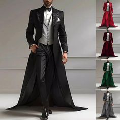 Male Wedding Suits, Flashy Suits Men, Enchanted Forest Theme Prom Suit, Royal Attire Men, Suits With Capes For Men, Tuxedo Ideas, Fantasy Wedding Suit, French Suits Men, Tail Coat