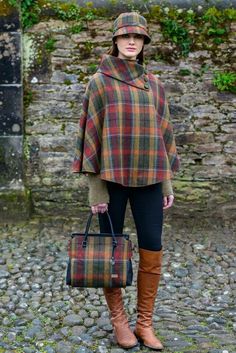 Irish Sweater, Plaid Capes, Capes & Ponchos, Aran Sweater, Elegant Hats, Wool Poncho, Wool Cape, Capes For Women, Orange Plaid