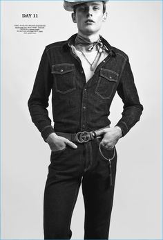 Sporting western-inspired fashions, Danish model Alexander Stoltz stars in an editorial for MR Style magazine. Photographed by Baldovino Barani, Alexander hits the studio with stylist Bhisan Rai. Charming in a wardrobe of spring-summer 2016 staples, Alexander is pictured in standouts that range from a Tom Ford leather jacket to Saint Laurent skinny jeans. / Grooming... [Read More] Cowboy Editorial, Rooftop Editorial, Tom Ford Leather Jacket, Cowboy Photoshoot, Gothic Cowboy, Gothic Country, Nashville Outfits Spring, Mens Western Style