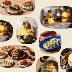 a collage of photos showing people preparing food