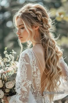 a woman with long hair wearing a wedding dress and holding a bouquet in her hand