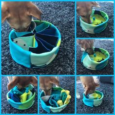 a collage of photos showing how to make a dog bed with toys in it