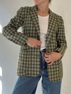 - Vintage green plaid knit blazer - Feels like a wool shell with silky lining - No tags - Small Chest: 18" Waist: 16.5" Length: 24.5" Sleeve: 21.5" We are not responsible for lost, stolen, or damaged packages once they have been shipped. Any additional customs duties or taxes incurred on international orders are the responsibility of the buyer. Please note that our items are vintage and may have minor flaws or imperfections due to their age, which adds to their unique character. Green Plaid Blazer, Knit Blazer, Small Chest, Plaid Blazer, Green Plaid, Festival Season, Blazer Jacket, Favorite Outfit, Jackets & Coats