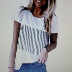 Brand New T Shirt With Black And Cream Stripe Detail. Xl. White Graphic Tee For Day Out, Casual Crew Neck Shirt For Day Out, Black Graphic Tee For Day Out, White Short Sleeve T-shirt For Day Out, Simple White Tops With Graphic Print, White Cotton T-shirt For Day Out, Casual White Everyday Tops, Trendy Striped T-shirt For Day Out, Striped Crew Neck Top For Day Out