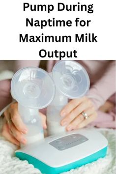 two baby bottles are being placed on top of an automatic milking machine with the words pump during naptime for maximum milk output