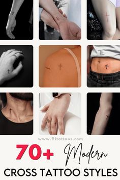 cross tattoo styles for women and men on the back of their stomachs, with text overlay that reads 70 + modern cross tattoo styles