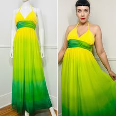 "Y2K vintage yellow and lime green halter maxi dress by XOXO. Yellow twisted halter neck. Padded and lined cups on the bodice. Wide ombré green cummerbund empire waist. A-line sheer chiffon ombré maxi skirt. Backless with elastic shirring at the back waist. The dress is lined in yellow poly. No closures, pulls over the head. { LABEL- FABRIC- TAG SIZE } XOXO  Poly Labeled Size Medium - refer to measurements { MEASUREMENTS } Shown on a 5'8\" Mannequin with 33\" Bust- 25\" Waist- 35\" Hips  Bust- 36\" to 38\" Waist- 30\" Hips- 64\" Total Length- 62\" { CONDITION } Excellent Vintage Condition PLEASE READ BEFORE PURCHASING For best fit, please compare measurements to a garment of your own that fits comfortably and please measure yourself before completing your purchase. It is normal for humans Strapless Green Halter Dress For Summer, Green Halter Maxi Dress For Evening, Green Maxi Halter Dress For Evening, Yellow Halter Neck Maxi Dress For Party, Green Maxi Length Halter Dress For Evening, Yellow Halter Maxi Dress For Summer, Fitted Green Strapless Halter Dress, Yellow Halter Neck Maxi Dress For Evening, Fitted Green Halter Neck Maxi Dress