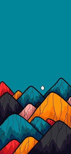 an abstract landscape with mountains and a moon in the sky on a blue background that appears to be digital art