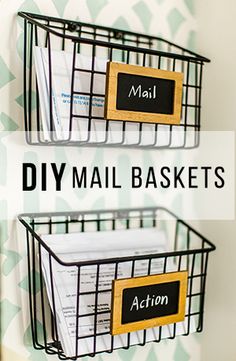 two black wire baskets with labels on them and the words diy mail baskets below