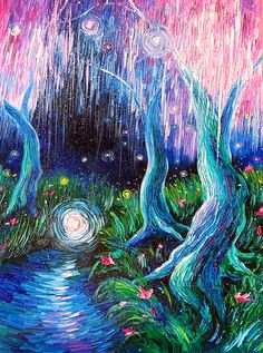 an acrylic painting of trees and water at night with stars in the sky