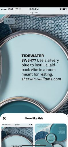 an image of some blue and white items on a cell phone screen with the text tidewater sws77 use a slivery blue to install a laid - back vibe in a room meant for rising