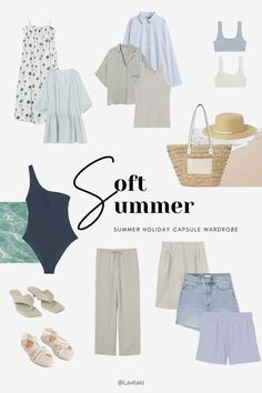 soft summer colour palette, capsule wardrobe, European summer, European vacation, summer vacay, coastal grandmother, summer wardrobe,  pastel, neutral, neutral tones, light blue, beige, tailored pants, denim shorts, linen shorts, linen tops, button down top, crop top singlets, floral dress, bell sleeve linen dress, navy swimwear, navy one piece, straw hat, straw bag, rope sandals Summer Mute Cool Outfits, Soft Colour Outfit, Muted Summer Capsule Wardrobe, Summer Outfit Pastel, Soft Summer Beachwear, Fair Soft Summer Outfits, Soft Summer Colour Palette Outfits, Summer Palette Colors Clothes, Soft Summer Dream Wardrobe