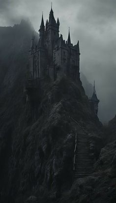 a castle on top of a mountain with stairs leading up to it and fog in the air