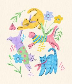 watercolor drawing of cats and flowers with words written in the bottom right hand corner