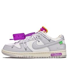 The Nike OFF-WHITE x Dunk Low is a limited edition sneaker from the Dear Summer collection by Virgil Abloh. The low-top design features a white leather upper with soft grey canvas overlays, plastic zip tie, and printed Helvetica text for a signature look. The sneaker also includes a secondary lacing system, exposed-foam tongue, and rectangular tab on the Swoosh for pops of contrast color. Limited to fifty pairs, the Nike OFF-WHITE x Dunk Low is a must-have sneaker for any collection. Order yours Off White Nike Dunk, Off White Dunk, Dunk Shoes, Jordan 11 Women, Off White Nike, Vapour Max Nike, Nike Off White, Nike Sacai, Womens Air Jordans