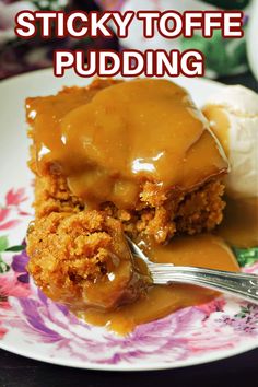 sticky toffe pudding on a plate with ice cream and caramel drizzle