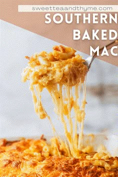 a cheesy baked macaroni and cheese is being lifted from the casserole