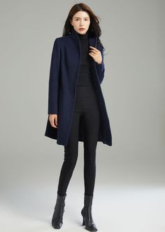 "This Women's Stand-collar Coat is a beautiful and luxurious wool coat. This coat is designed for special occasions and leisurely walks, suitable for autumn and winter. If you want to keep warm and fashion, this coat is the best choice for you.The coat fits perfectly if you choose the right size. ★★ FEATURES 50% wool, 50% fiber, nylon Polyester lining Two pockets Button closure Stand collar Long sleeve wool coat Wool jacket Perfect for winter, autumn Dry clean ★★Mode size Height 170cm (5′ 7″) Bu Indigo Coat Outfit, Elegant Winter Workwear Outerwear, Elegant Long Wool Coat For Fall, Elegant Long Sweater Coat For Formal Occasions, Elegant Long Outerwear For Fall, Elegant Tailored Wool Coat For Winter, Elegant Long Wool Outerwear, Chic Wool Peacoat, Chic Solid Wool Coat With Stand Collar