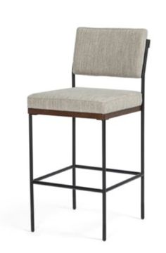 an upholstered bar stool with a beige fabric seat and backrest, viewed from the front